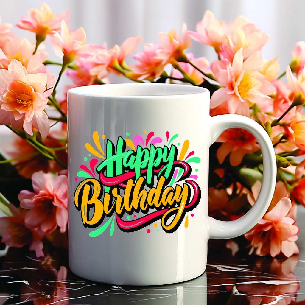 Happy birthday mug with floral background – unique birthday gift for friends and family